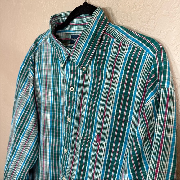 Ralph Lauren Blake Shirt Mens XL Plaid Pink Pony, Aqua, Green Long Sleeve Button - Picture 1 of 10
